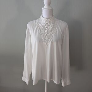 Vintage 80s Kathy Che Lace Pearls Lace Blouse Women's Large Ivory High Neck